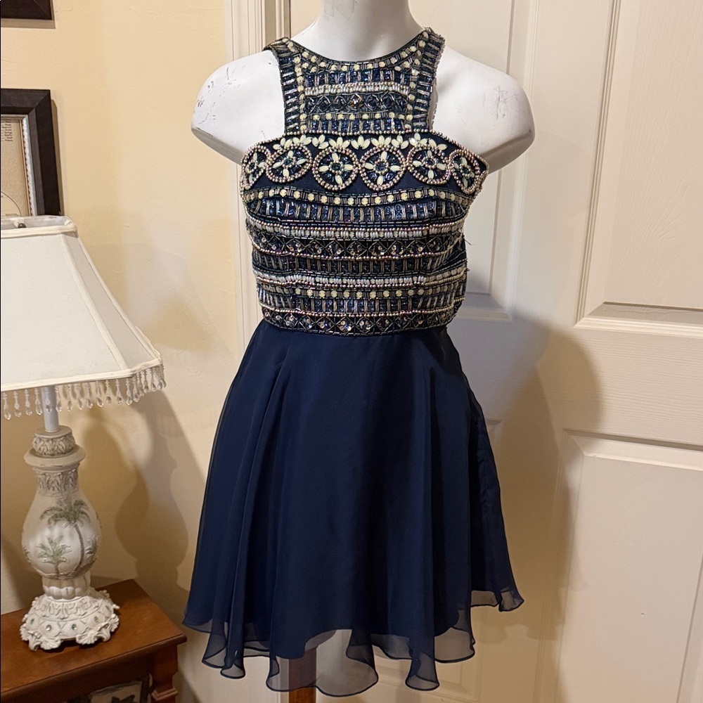 Dave & Johnny Navy Beaded Halter-Style Party Dress Size 0 Prom Cocktail